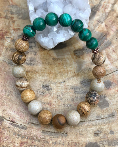 Violet Chaos Malachite and Picture Jasper stretch bracelet with genuine stone beads on an elastic band.