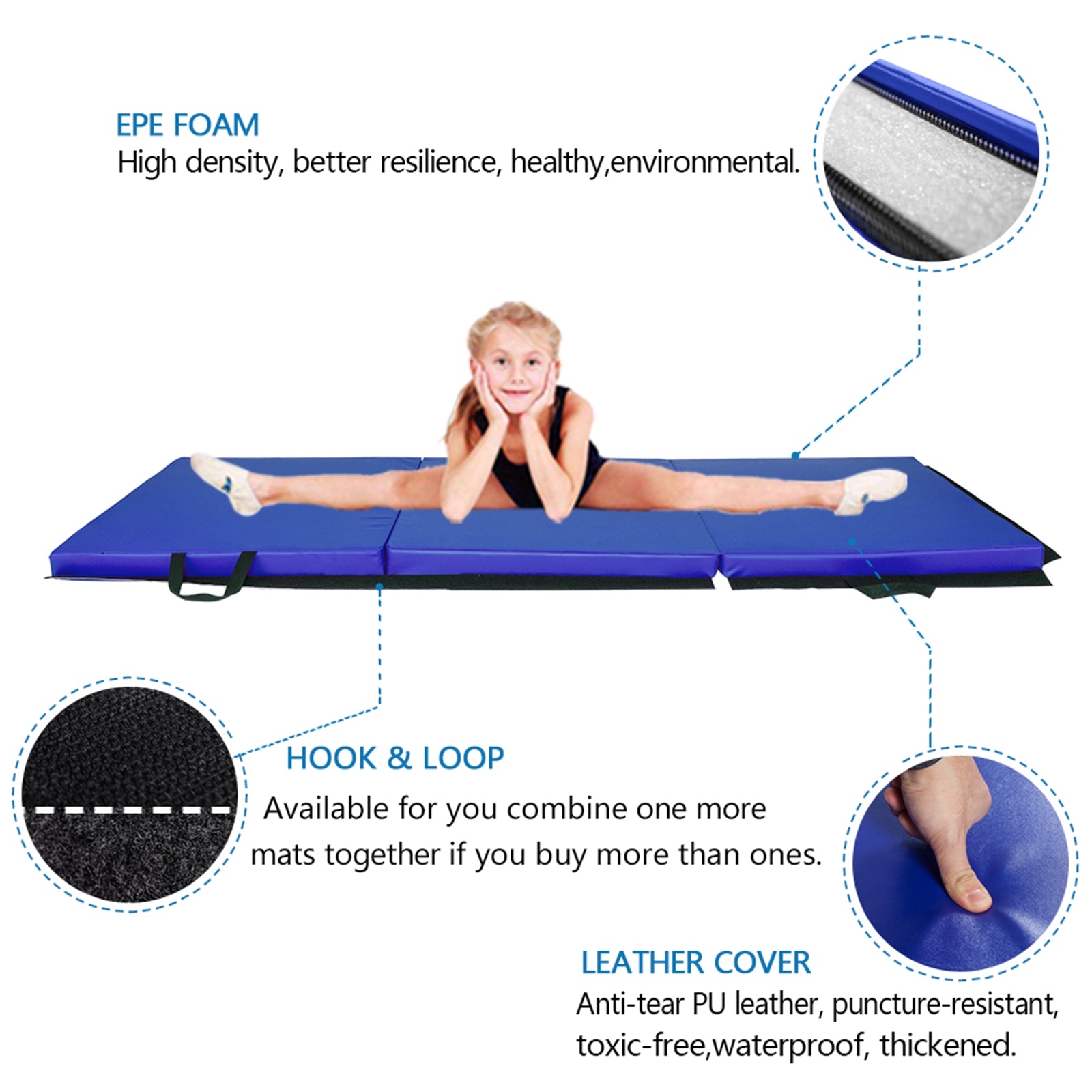 Lilac Milo 55x24x1.2-inch tri-fold gymnastics yoga mat with hand buckle, showing soft foam surface and foldable design.