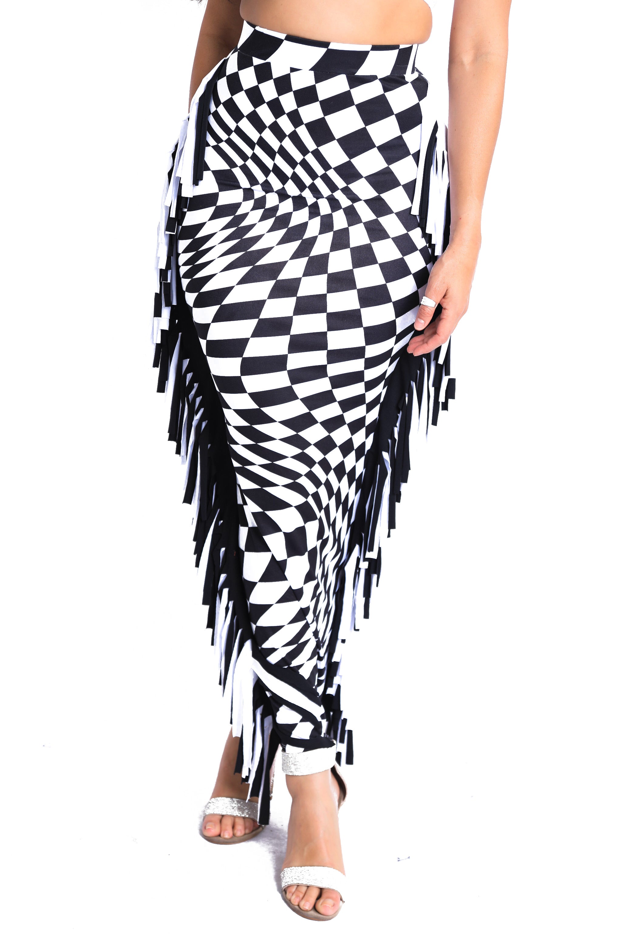 Checkered elastic high waist stretch bodycon maxi skirt by Puce Juniper, featuring a fitted silhouette and bold pattern.