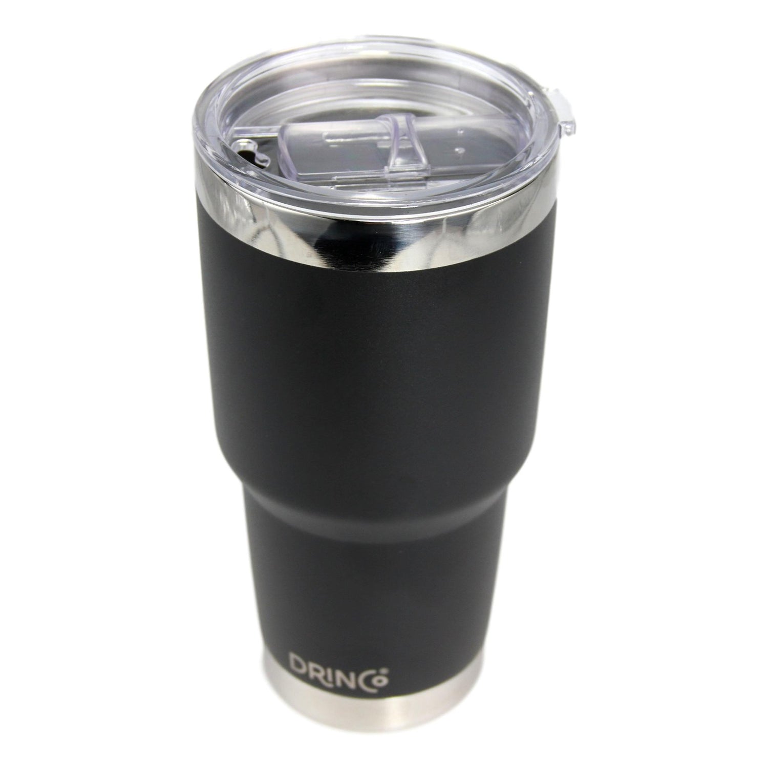 Black DRINCO® 30oz insulated tumbler with spill-proof lid and two straws, featuring Orchid Lavender branding on the drinkware.
