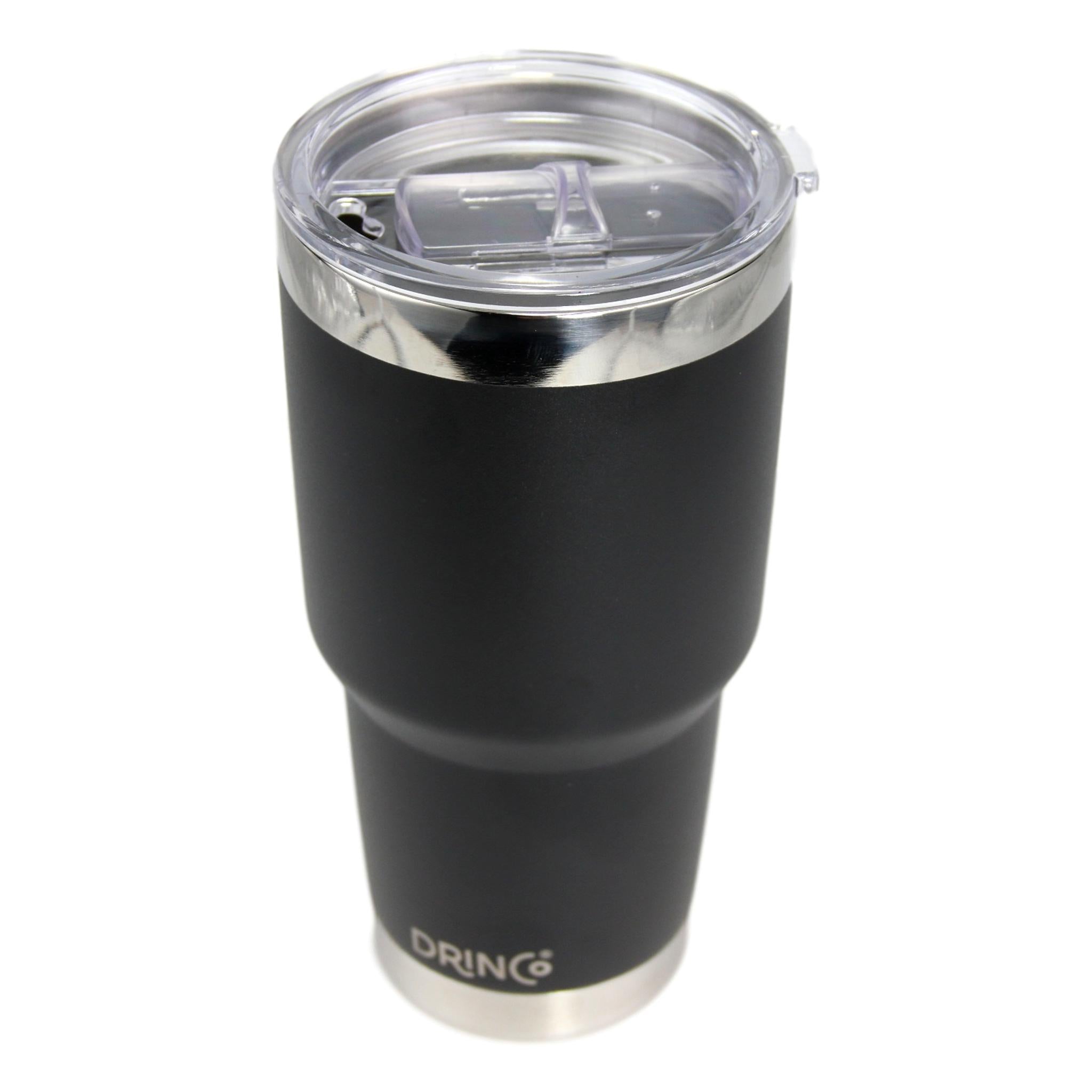 Black DRINCO® 30oz insulated tumbler with spill-proof lid and two straws, featuring Orchid Lavender branding on the drinkware.