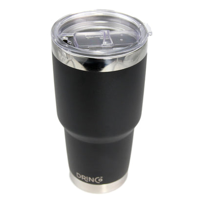 Black DRINCO® 30oz insulated tumbler with spill-proof lid and two straws, featuring Orchid Lavender branding on the drinkware.