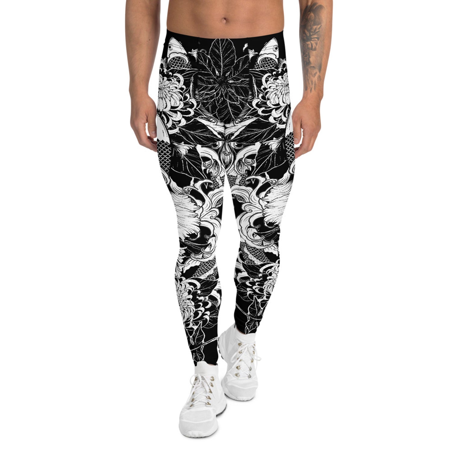 Maroon Sooty koi fish tattoo leggings for men, activewear with detailed koi fish design on black stretchy fabric