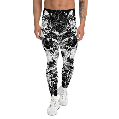 Maroon Sooty koi fish tattoo leggings for men, activewear with detailed koi fish design on black stretchy fabric