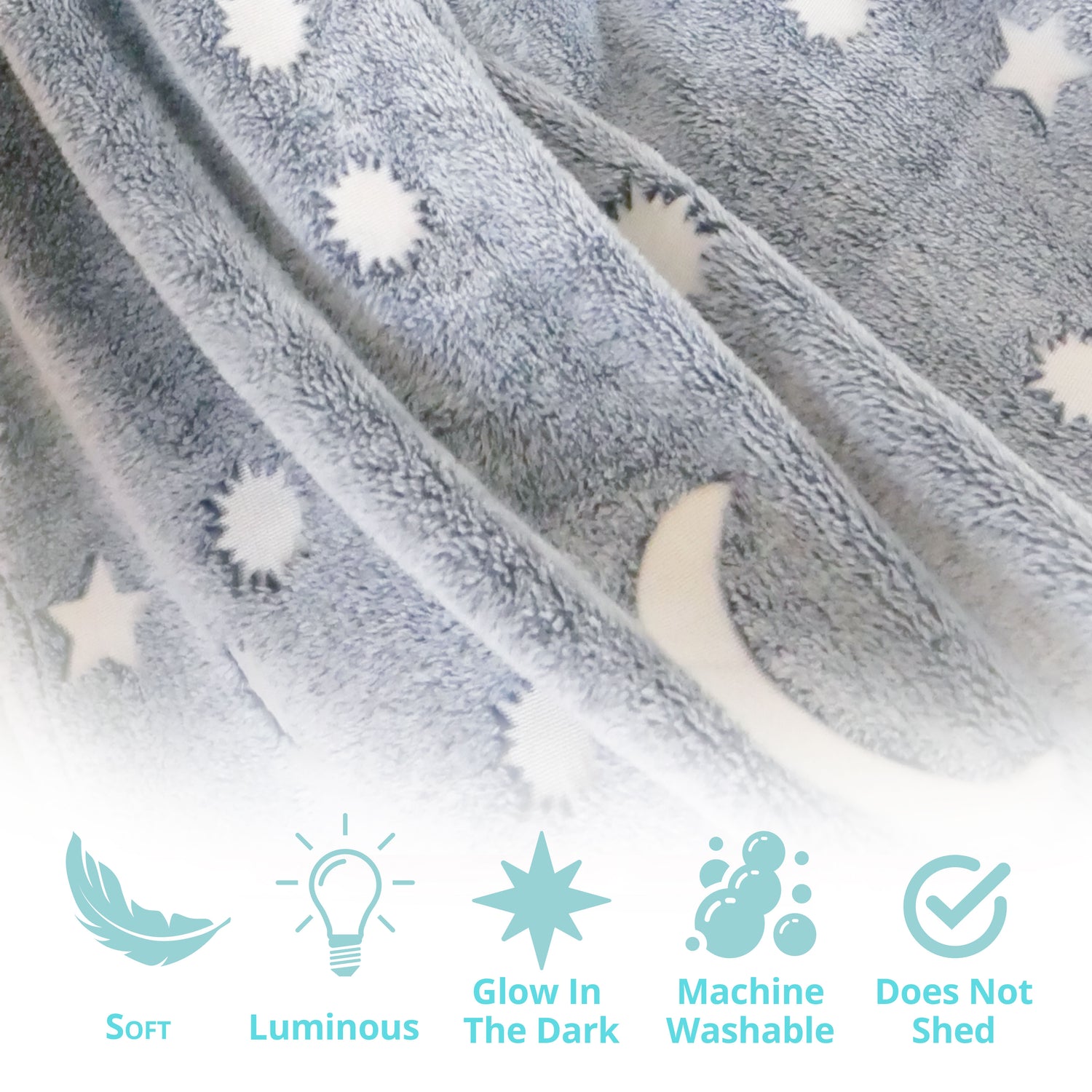Gray and blue glow-in-the-dark blanket and pillow set by Plum Aion, featuring soft fabric and luminous accents in a cozy bedroom setting.