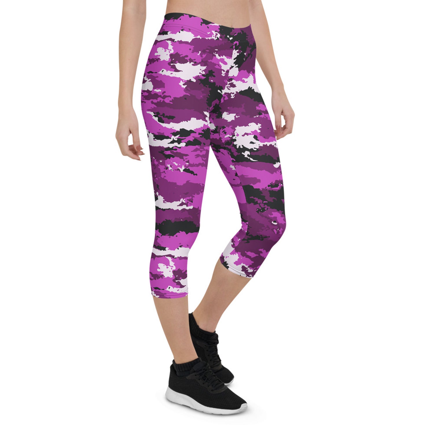 Pink and purple camo activewear capri leggings by Maroon Sooty, featuring a stylish camouflage pattern and stretchy fit.