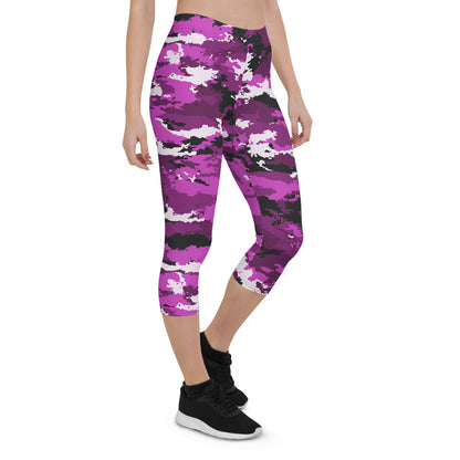 Pink and purple camo activewear capri leggings by Maroon Sooty, featuring a stylish camouflage pattern and stretchy fit.