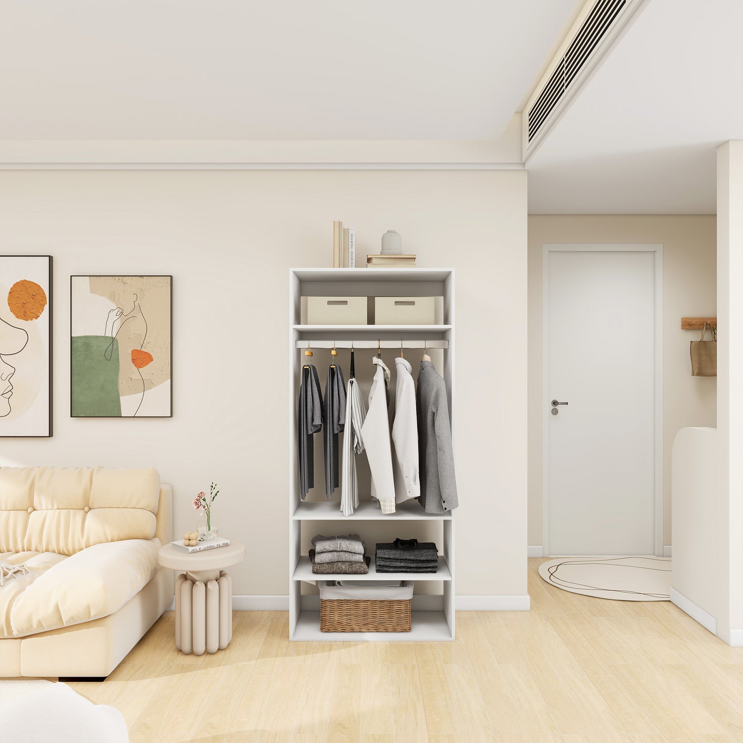 A5 Modular wooden closet organizer system by Mauve Snowdrop with multiple compartments for bedroom storage.