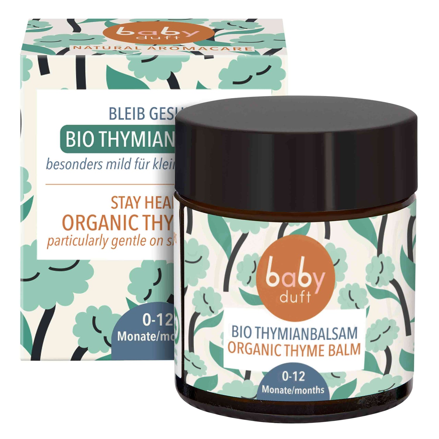 Gray Hercules Babyduft Stay Healthy Thyme Balm for babies 0-12 months, Swiss-made, in a small jar with thyme herb label.