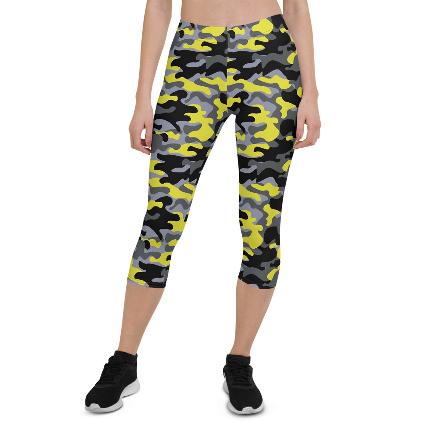 Maroon Sooty yellow and gray camo activewear capri leggings with a fitted waistband and sporty design.