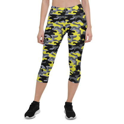 Maroon Sooty yellow and gray camo activewear capri leggings with a fitted waistband and sporty design.