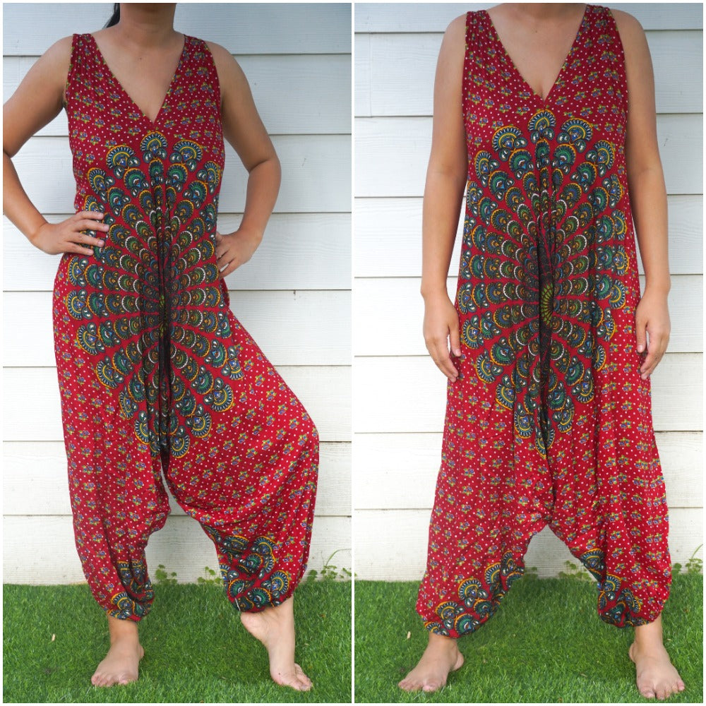 Tan Smokey Chakra Hippie jumpsuit featuring boho style, perfect for festivals and casual wear, with vibrant, flowing fabric.