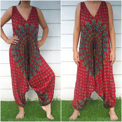 Tan Smokey Chakra Hippie jumpsuit featuring boho style, perfect for festivals and casual wear, with vibrant, flowing fabric.