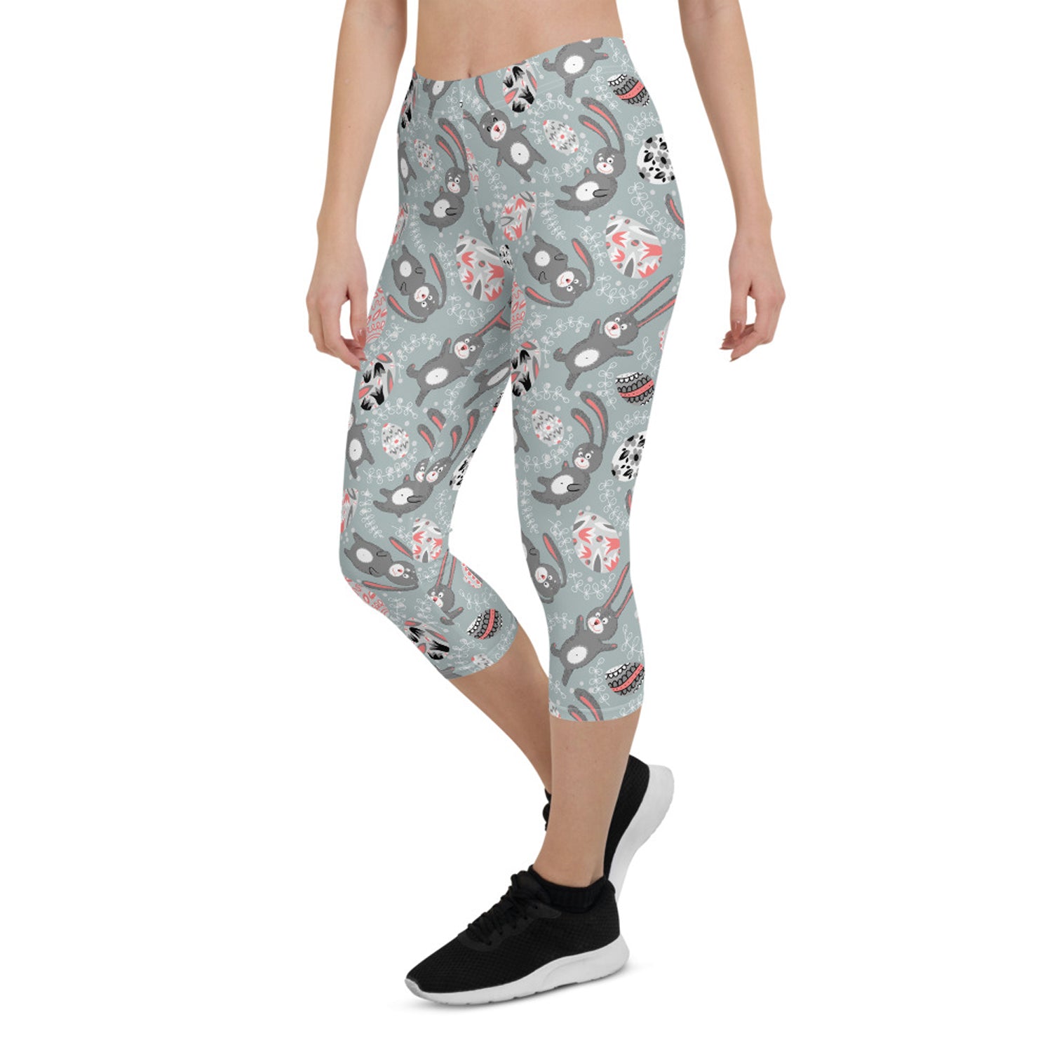Maroon Sooty Easter Bunny Capri Leggings for women, featuring cute bunny print and comfortable activewear design.