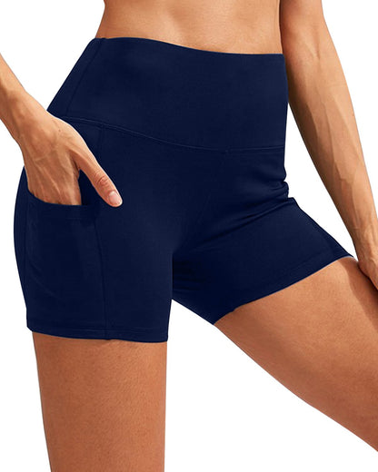 Navy high waist yoga shorts with pocket by Lazurite, featuring a comfortable fit and functional side pocket for active wear.