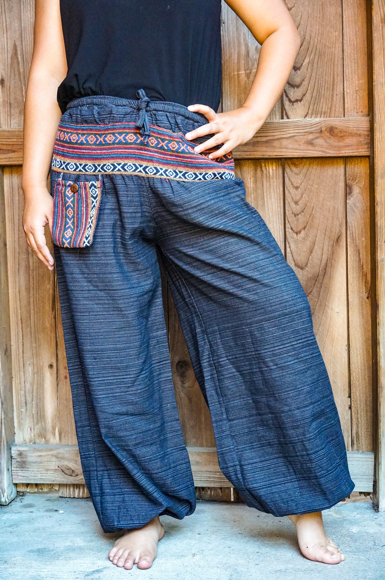 Tan Smokey cotton women’s tribal boho pants with colorful, flowy hippie design, perfect for casual bohemian style.