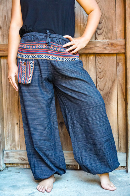 Tan Smokey cotton women’s tribal boho pants with colorful, flowy hippie design, perfect for casual bohemian style.