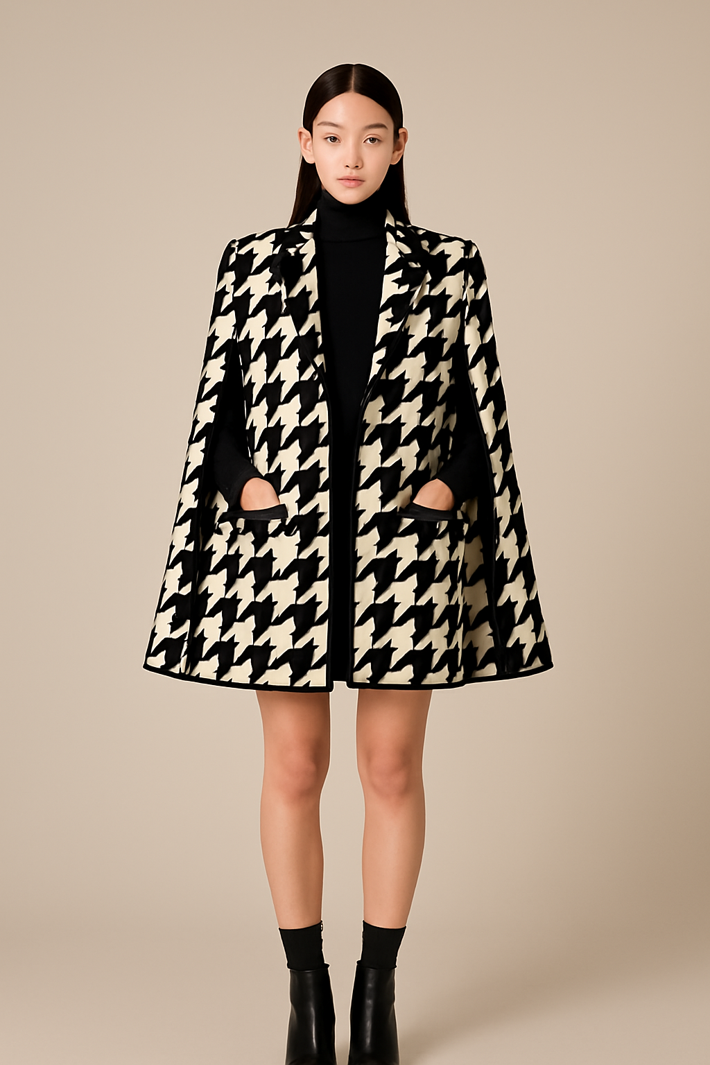 Carmine Juneberry houndstooth woolen cape coat and shorts set, stylish jackets and coats with a classic pattern and elegant design.
