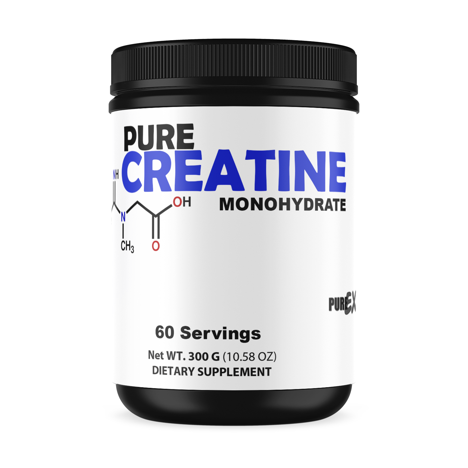 Container of Erin Chaos Pure Creatine powder for sports nutrition, showing the supplement label and product packaging.