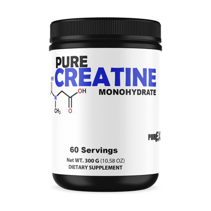 Container of Erin Chaos Pure Creatine powder for sports nutrition, showing the supplement label and product packaging.