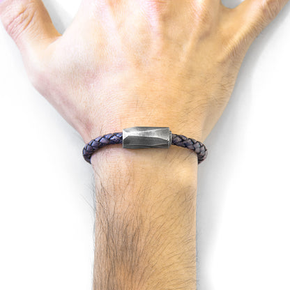 Indigo blue Hayling Silver and braided leather bracelet by Magenta Sooty, featuring silver accents and woven leather band.