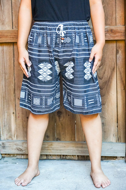 Tan Smokey cotton tribal boho shorts with gypsy-inspired patterns, featuring a relaxed fit and vibrant, earthy colors.