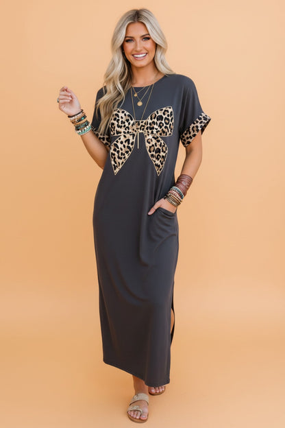 Leopard print bow short sleeve maxi T-shirt dress for women by Byzantium Bay, featuring a relaxed fit and stylish design.