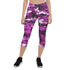 Pink and purple camo Maroon Sooty activewear capri leggings with a fitted waistband and vibrant camouflage pattern.