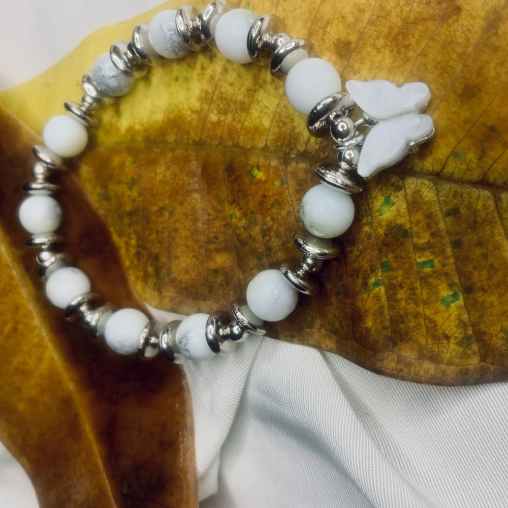 Jasper bead bracelet for women by Tan Saffron featuring silver spacer beads on a stretch elastic band.