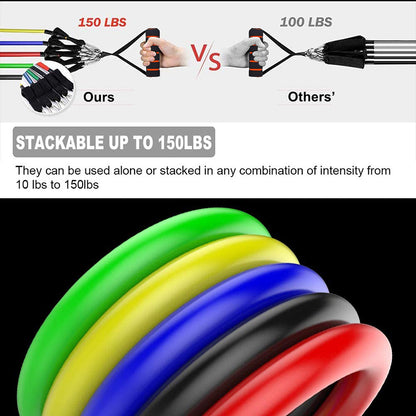 Teal Simba 11-piece fitness resistance band set with various colorful elastic bands for workout and strength training.
