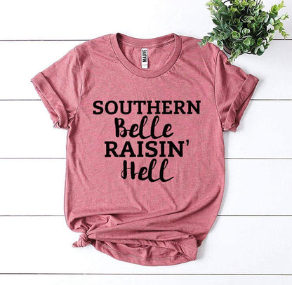 Southern Belle Raisin’ Hell T-shirt by Agate featuring a stylish black cotton tee with bold graphic print.