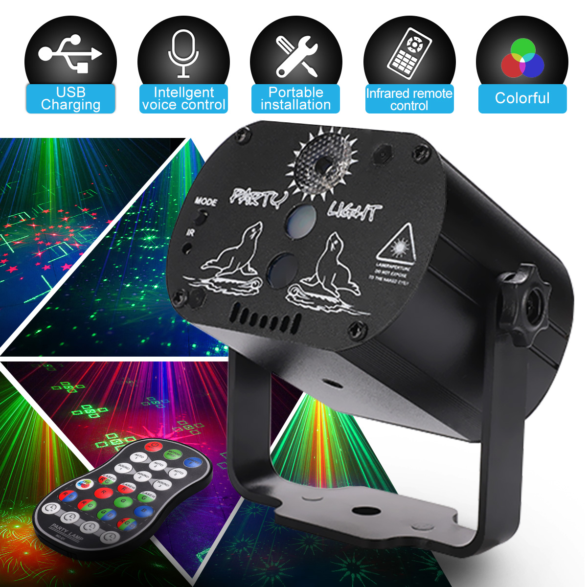 Mini RGB disco light LED laser stage projector by Teal Simba, showing colorful light beams and vibrant lighting effects.
