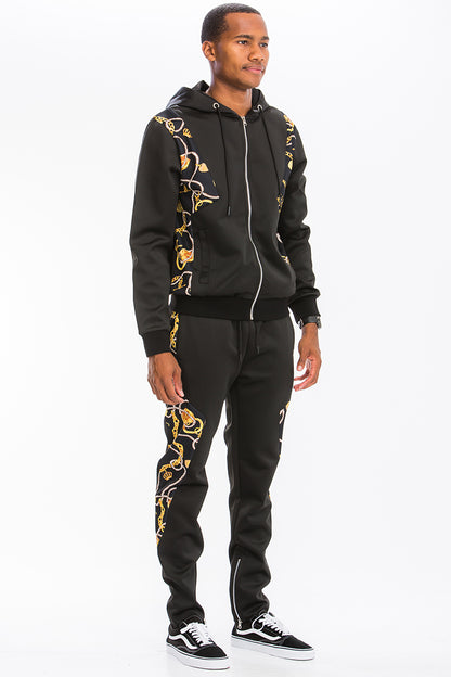 Lime Milo Poly Span printed activewear track set with colorful geometric patterns on jacket and matching pants.