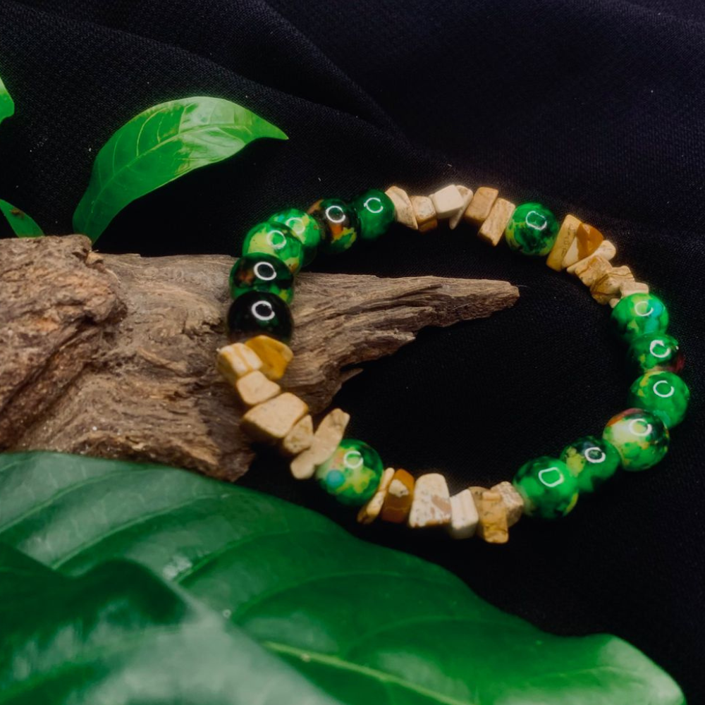 Tan Saffron Bark Agate and black green stone chip stretch bracelet with natural polished stones and elastic band.