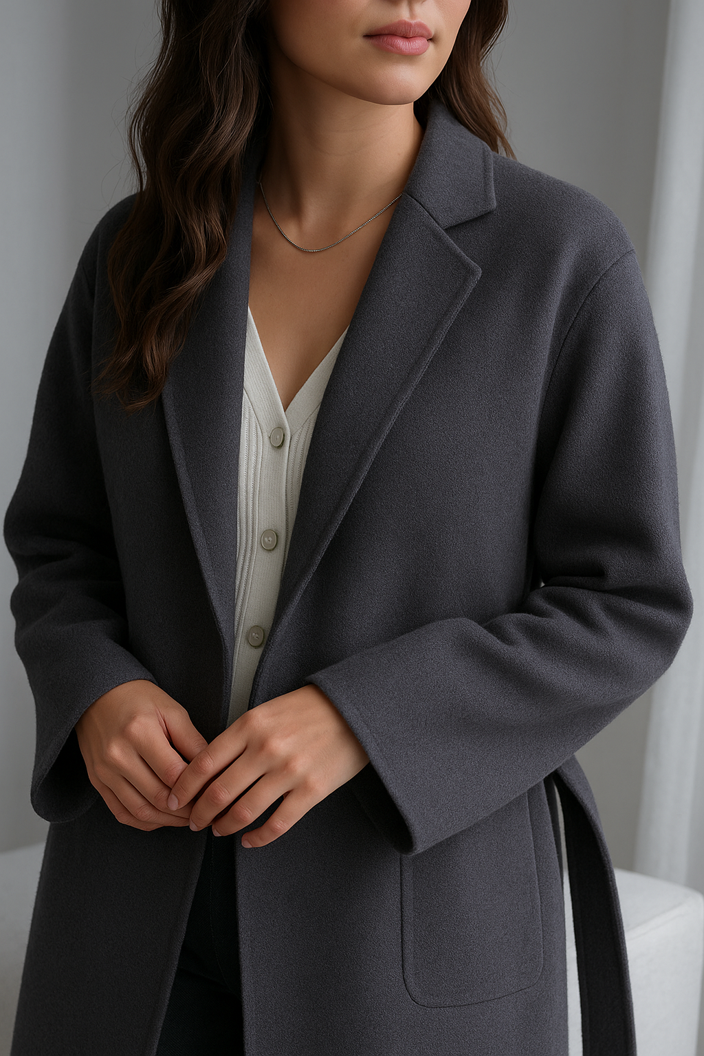 Korean wool coat for women by Carmine Juneberry, elegant autumn and winter jacket in warm, stylish fabric with a tailored fit.