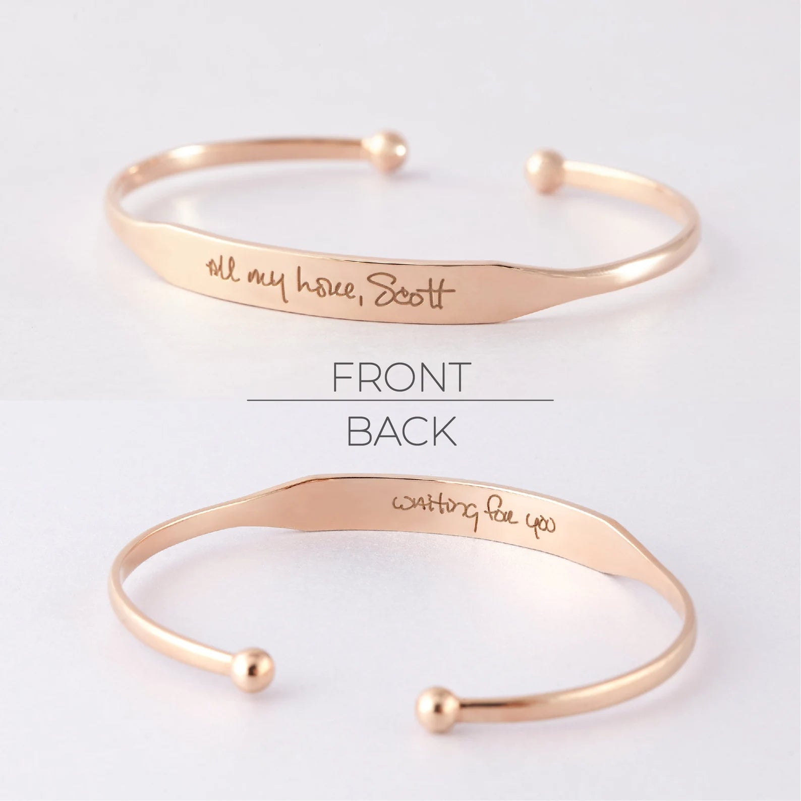 Handwritten cuff bracelet by Green Millie featuring a stylish, personalized design with intricate detailing and a sleek finish.