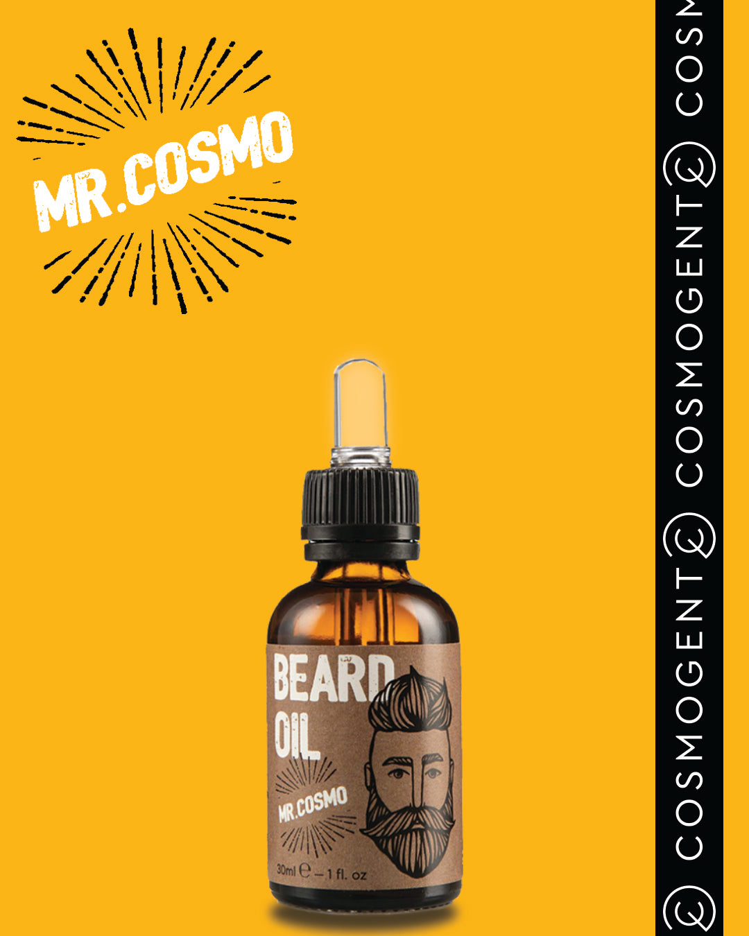 Taupe Perses Mr. Cosmo Beard Oil in 30ml bottle, featuring a sleek design and dropper for grooming beard and facial hair care.