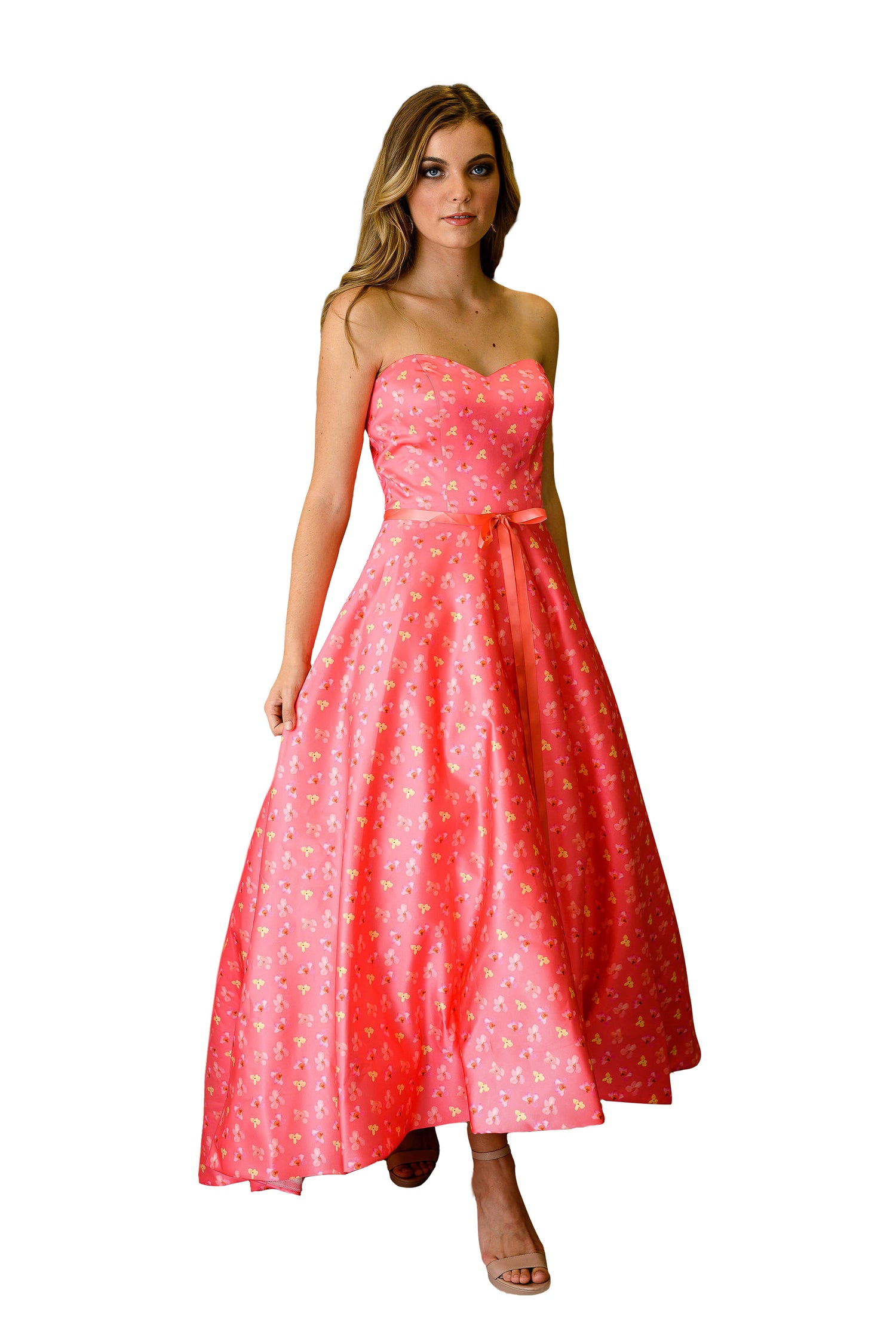 Gray Eos shoulder-less formal train dress featuring elegant design and flowing fabric, perfect for special occasions.