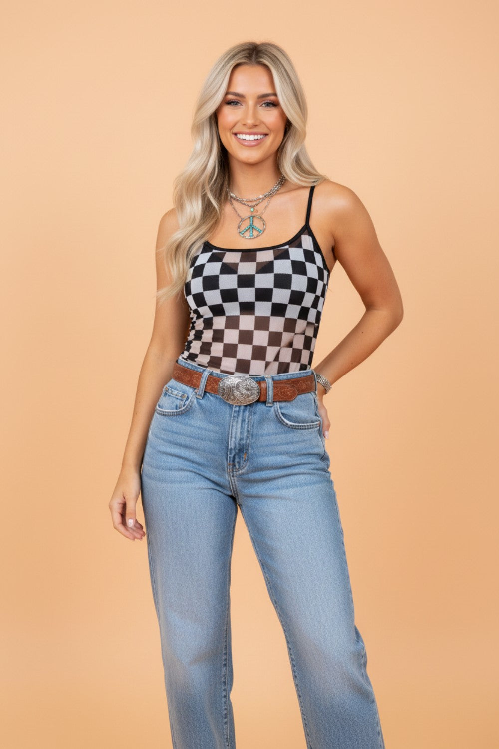 Byzantium Bay checker sheer mesh spaghetti strap tank top, lightweight women&