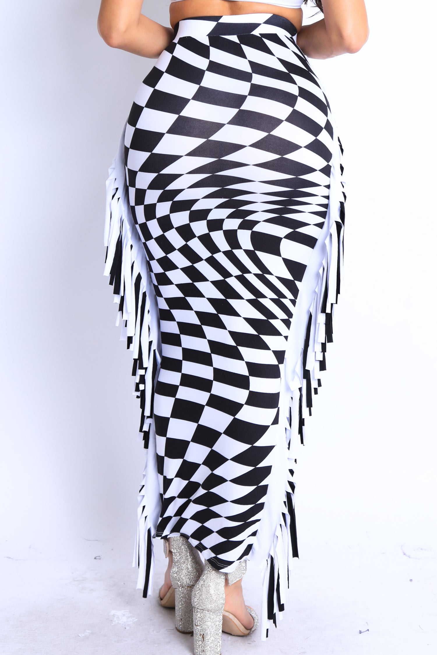Checkered elastic high waist stretch bodycon maxi pencil skirt by Puce Juniper, featuring a fitted silhouette and bold pattern.