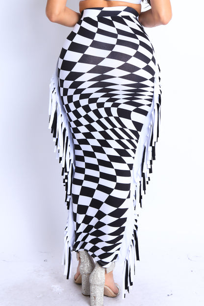 Checkered elastic high waist stretch bodycon maxi pencil skirt by Puce Juniper, featuring a fitted silhouette and bold pattern.
