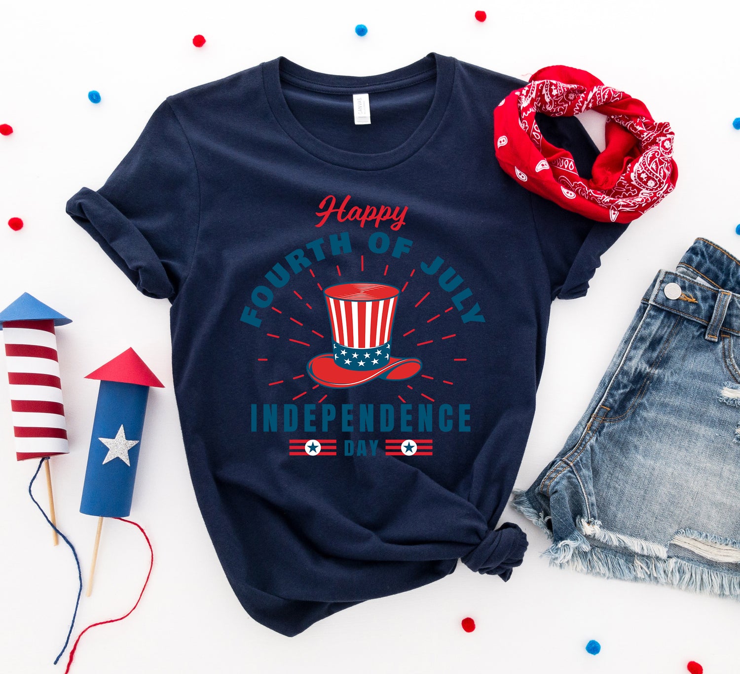 Red, white, and blue Happy Fourth of July T-shirt by Agate featuring patriotic design and casual fit.