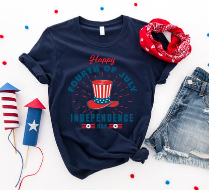 Red, white, and blue Happy Fourth of July T-shirt by Agate featuring patriotic design and casual fit.
