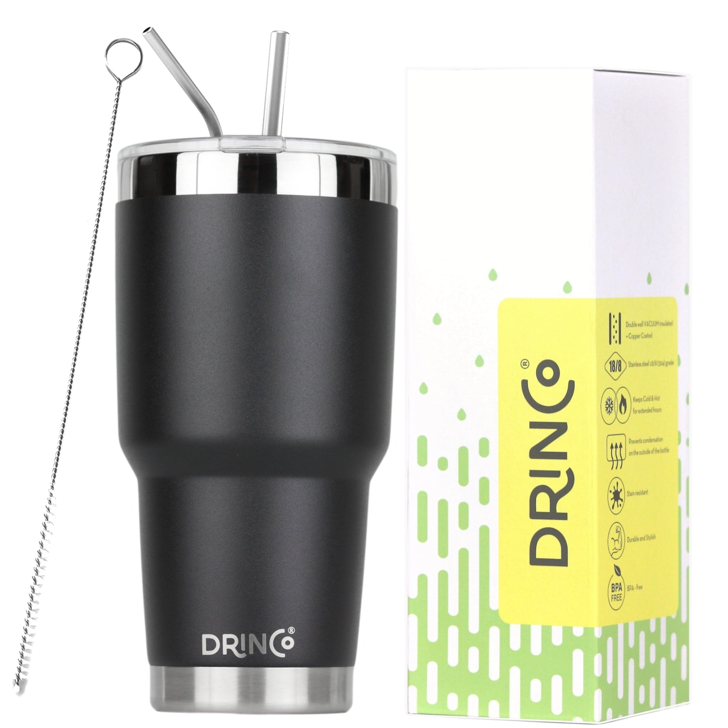 Orchid Lavender DRINCO® 30oz insulated tumbler with black spill-proof lid and two reusable straws, drinkware for hot or cold beverages.