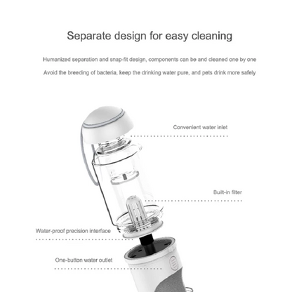 Lilac Milo outdoor travel pet water dispenser for dogs and cats, portable water bottle with built-in drinking bowl for pets.
