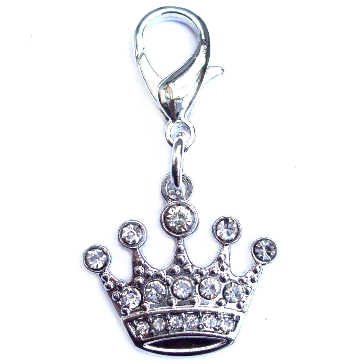 Silver crystal crown charm for dogs and cats from Salmon Oscar, featuring sparkling crystals and intricate pet jewelry design.