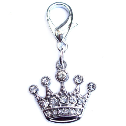 Silver crystal crown charm for dogs and cats from Salmon Oscar, featuring sparkling crystals and intricate pet jewelry design.