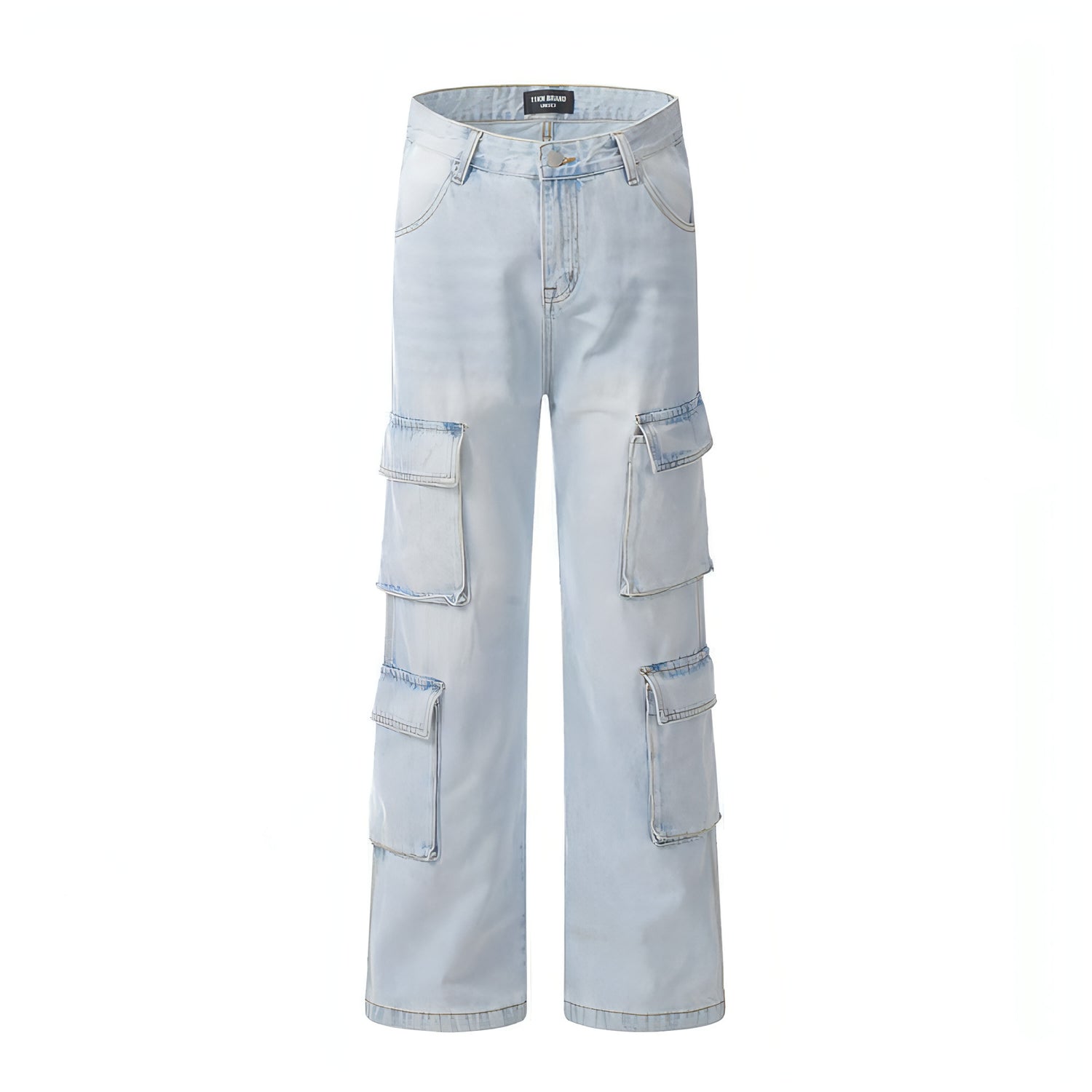 Light wash denim cargo jeans for men by Carmine Juneberry, featuring multiple pockets and a relaxed fit.