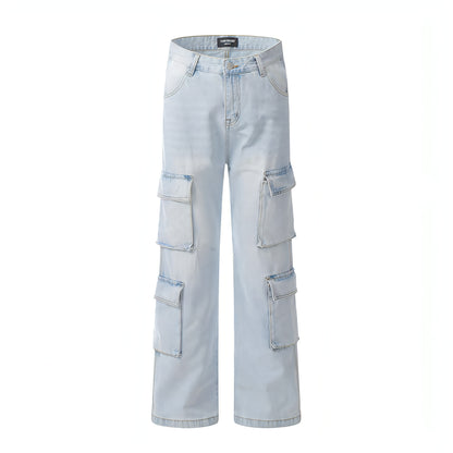 Light wash denim cargo jeans for men by Carmine Juneberry, featuring multiple pockets and a relaxed fit.