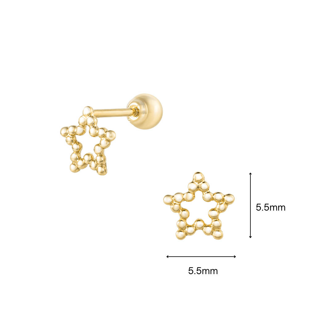 14K solid gold Stella piercing earrings by Blue Chrysippus featuring a sleek, minimalist star design for pierced ears.